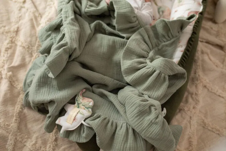 Light Organic Muslin Baby Blanket with a frill - Sage