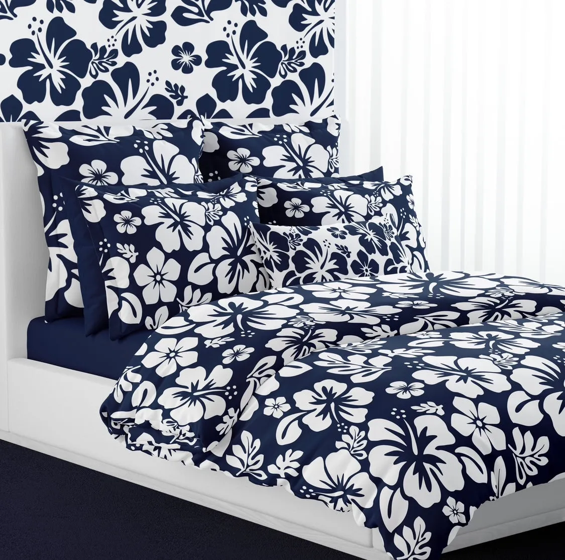 Navy Blue and White Hawaiian Hibiscus Flowers Pillow Sham