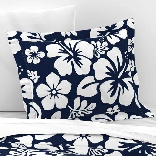 Navy Blue and White Hawaiian Hibiscus Flowers Pillow Sham