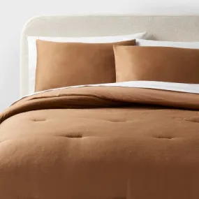 New - Twin/Twin Extra Long Washed Cotton Sateen Comforter and Sham Set Light Brown -