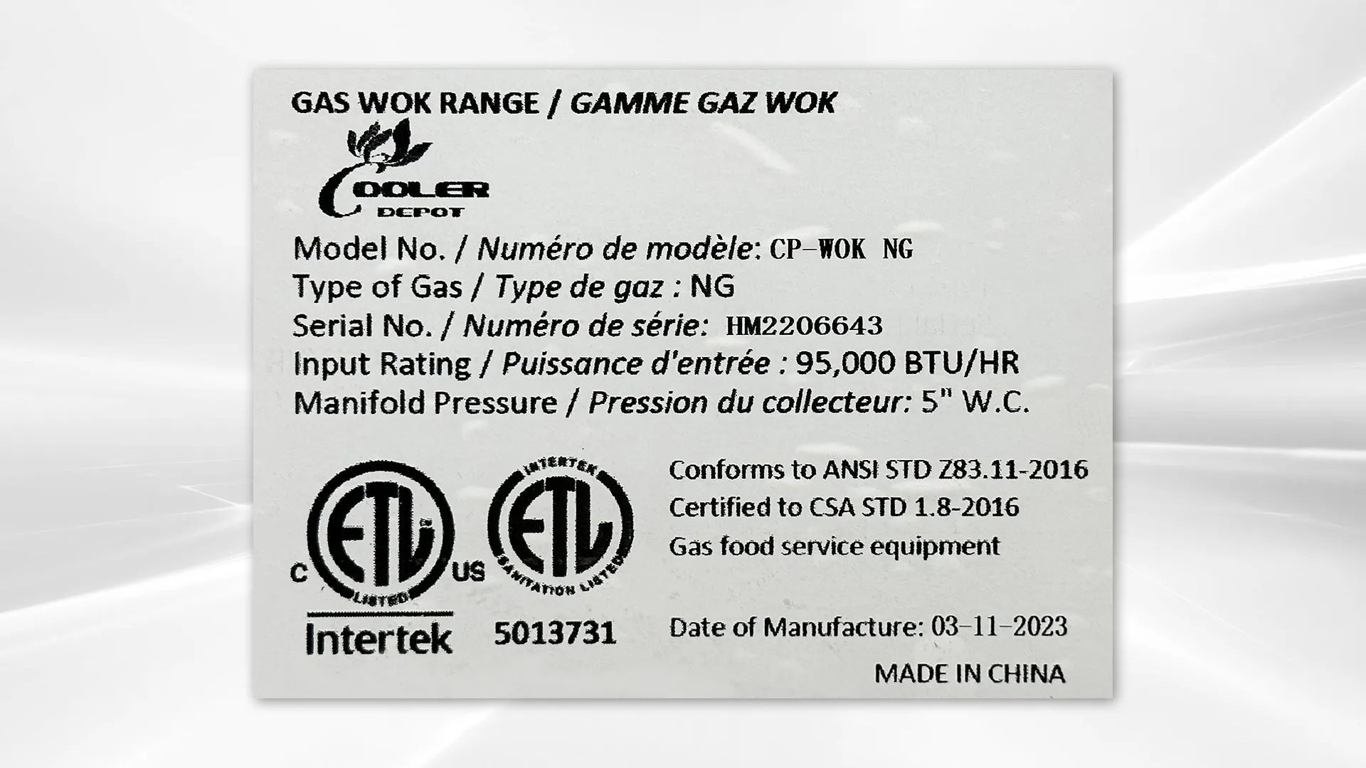 NSF 18ins one hole chinese wok range CP-WOK Natural gas NG