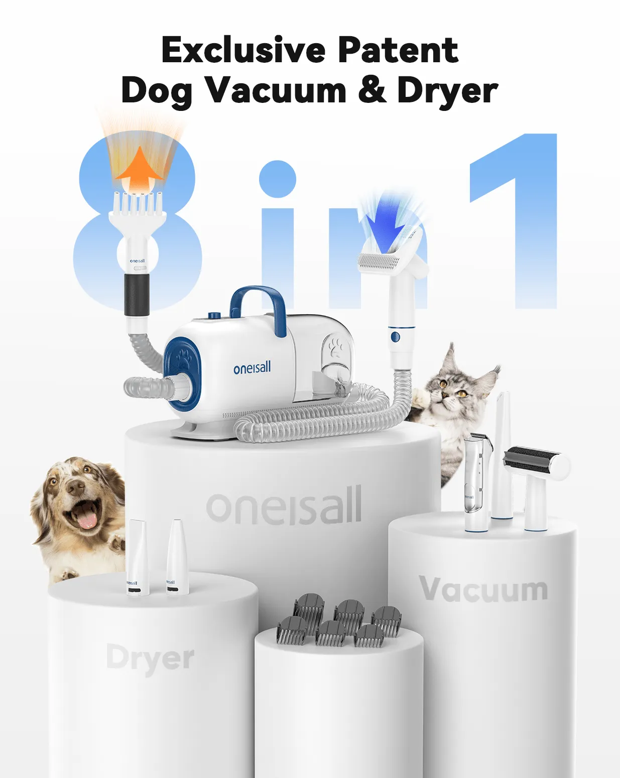 Oneisall Cozy C1 Pet Grooming Vacuum Kit & 2L Cat Water Fountain & 3.5L Automatic Cat Feeder Set