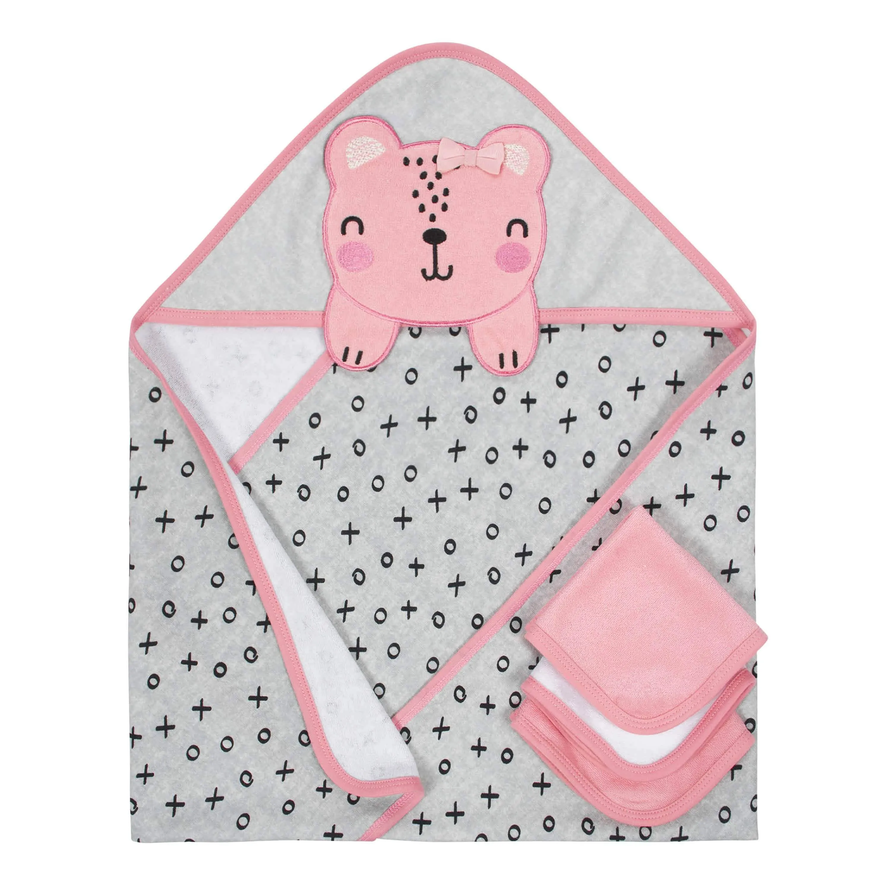 Organic 4-Piece Baby Girls Bear Hooded Towel and Washcloths Bath Set