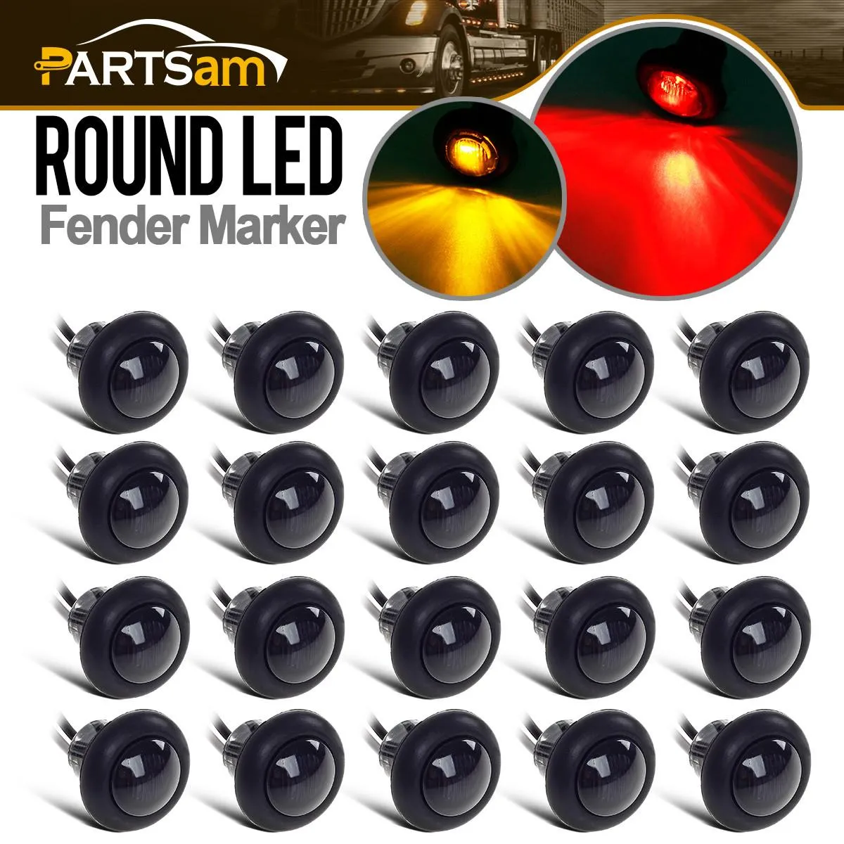 Partsam 20x Amber/Red Truck Trailer Boat 3/4" Round Led Light Round Marker Clearance   Grommet Smoke Lens