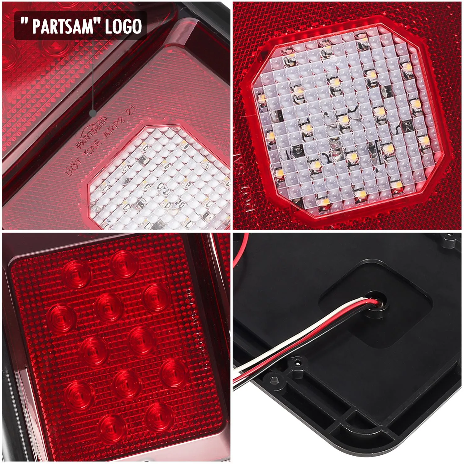 Partsam 2Pcs LED Triple Tail Lights 45 LEDs, Rectangle Vertical or Horizontal Mount LED Trailer Camper RV Tail Lights Stop Turn Tail Backup Reverse Lights Taillights w/ Black Base - Red/Clear Lens