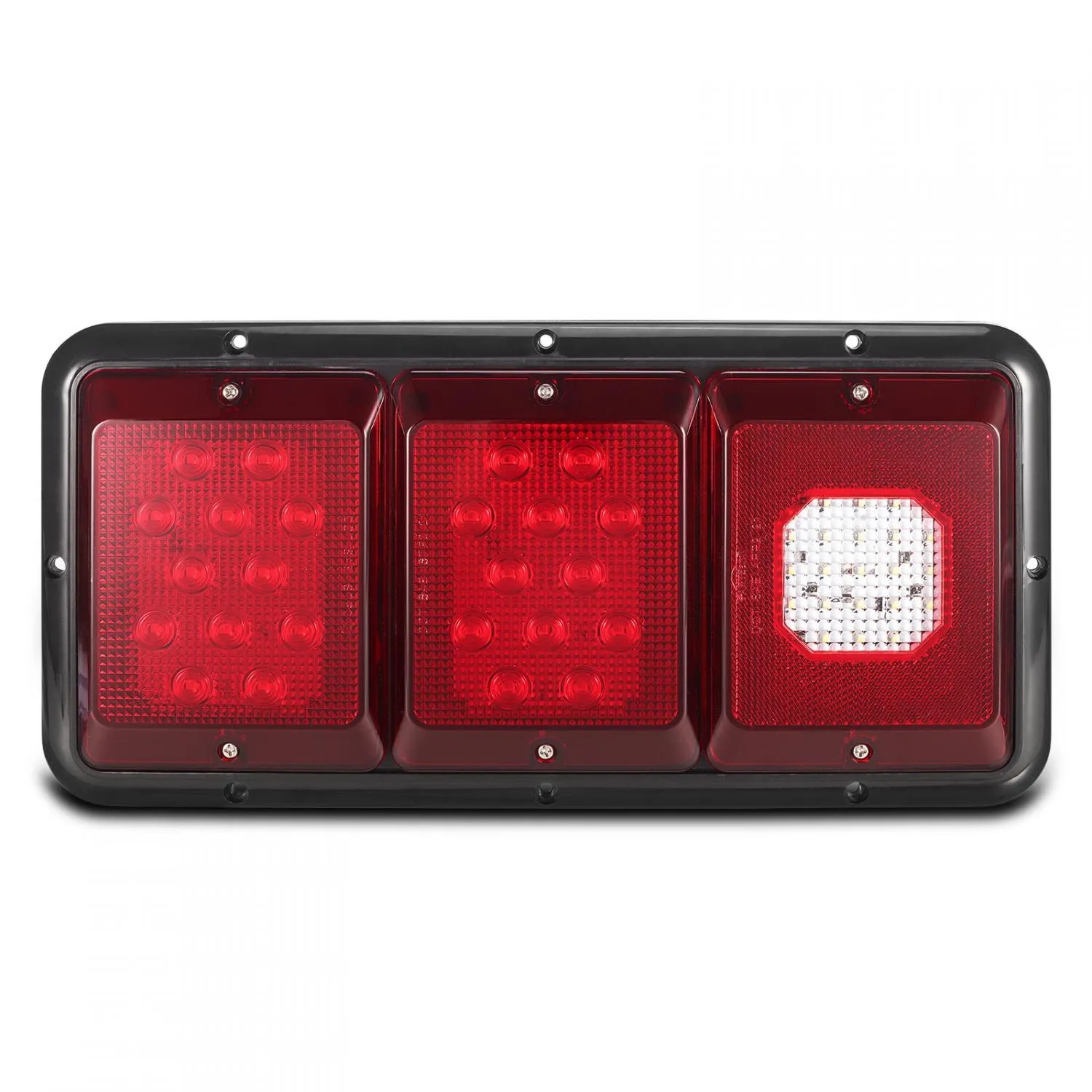 Partsam 2Pcs LED Triple Tail Lights 45 LEDs, Rectangle Vertical or Horizontal Mount LED Trailer Camper RV Tail Lights Stop Turn Tail Backup Reverse Lights Taillights w/ Black Base - Red/Clear Lens