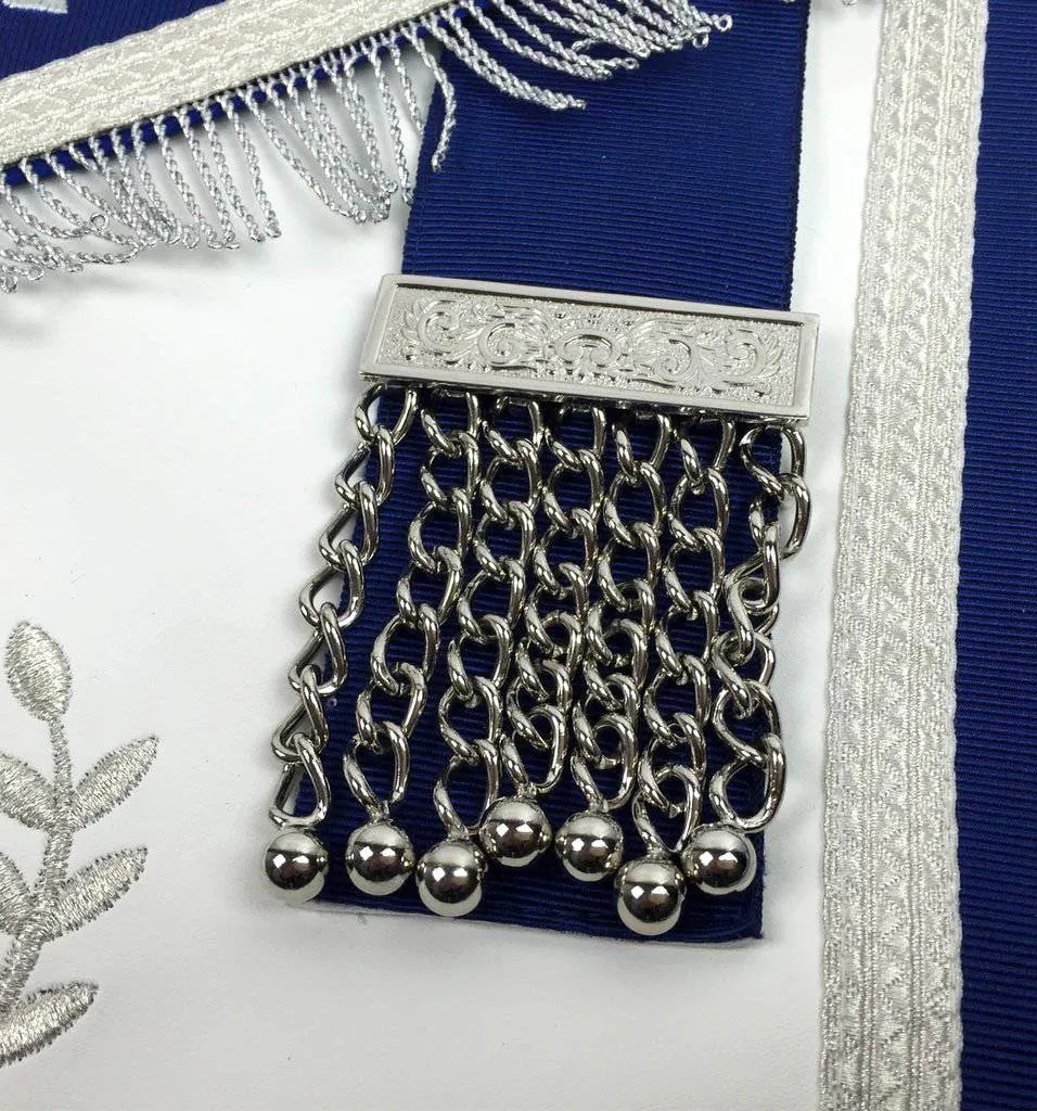 Past Master Blue Lodge Apron - White & Royal Blue with Silver Embroidery