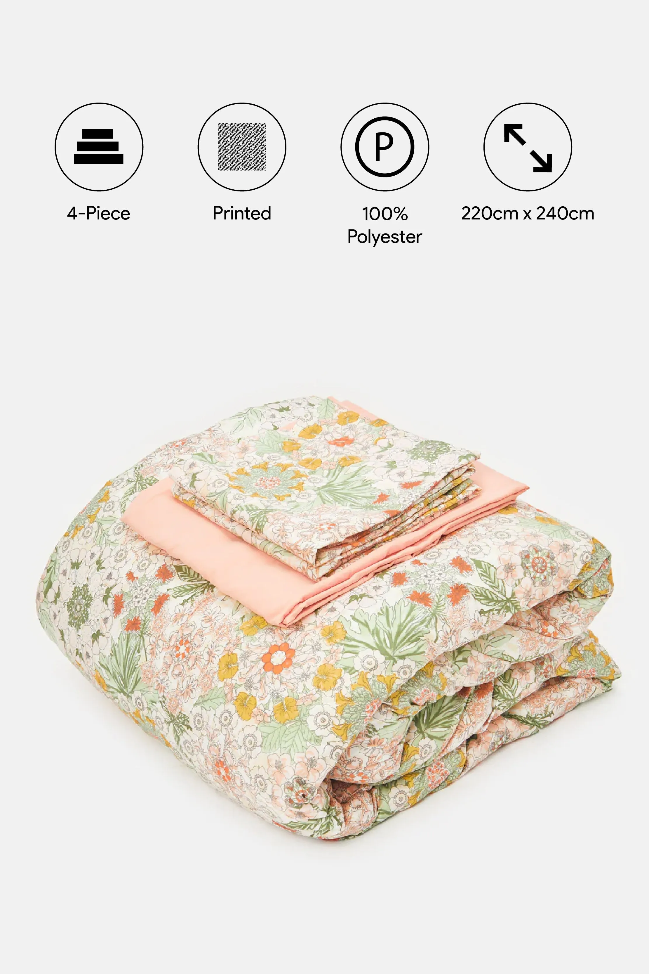 Pink 4 Piece Floral Printed Comforter Set (Double Size)