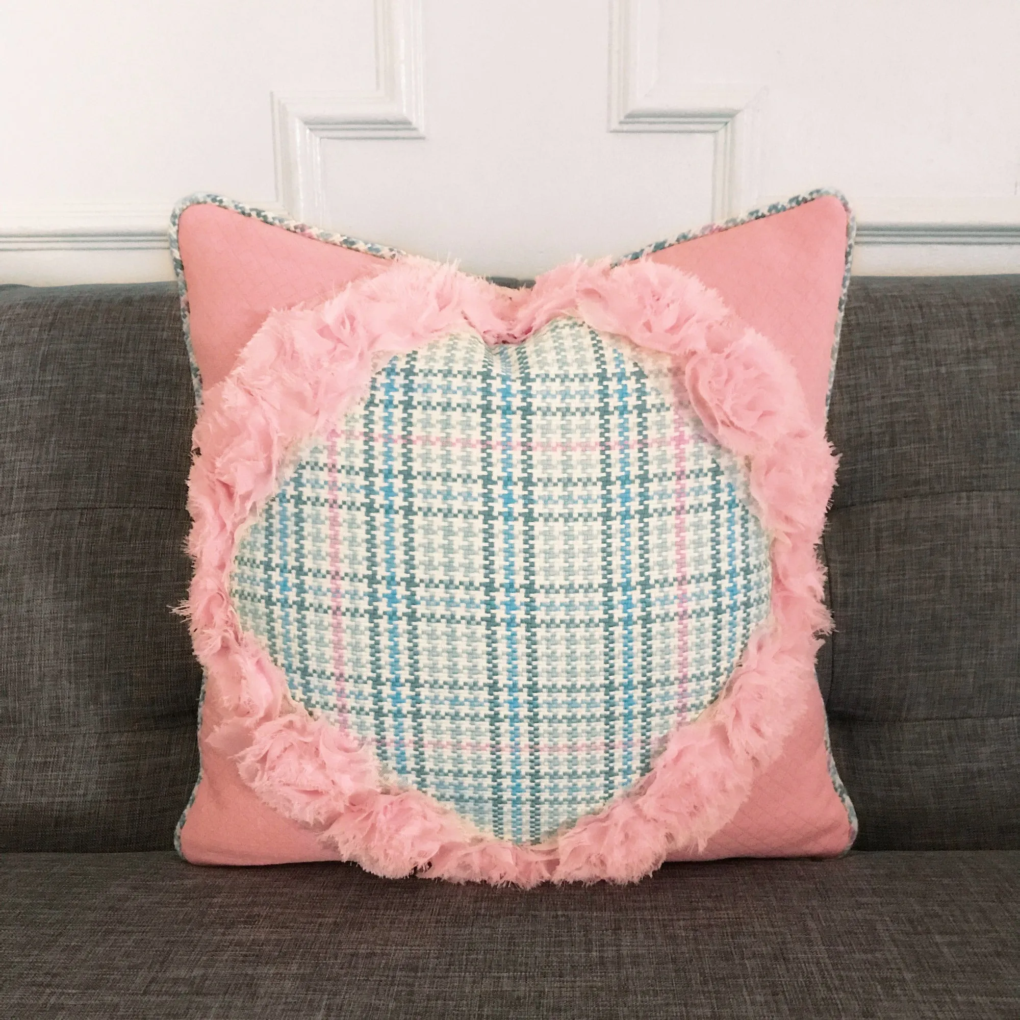 Pink Rose Lace Trim Plaid Throw Pillow Cover 16x16