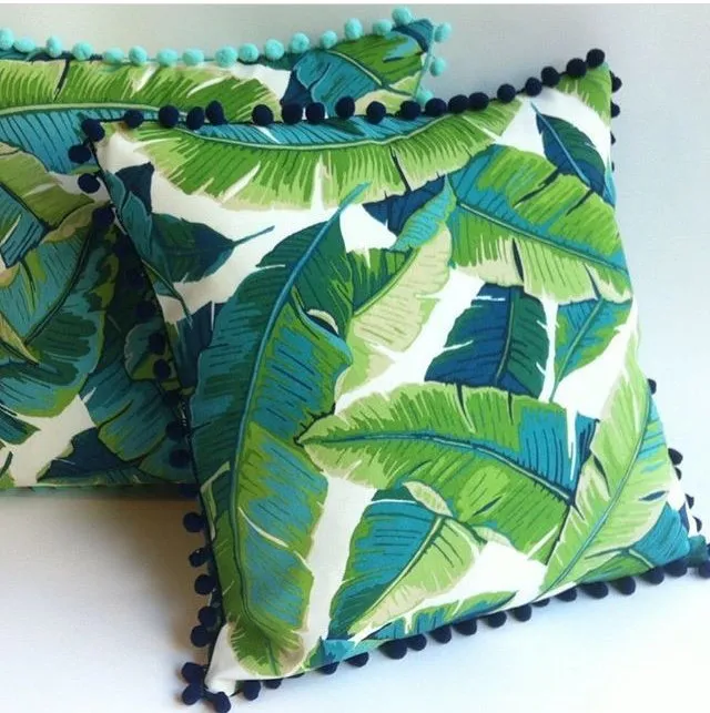 Pom Pom Pillow Cover / Tropical Teal Lime and Navy Palm Leaves Pillow Cover / Outdoor Pillow Lumbar / Aqua Turquoise Outdoor Pillow cover