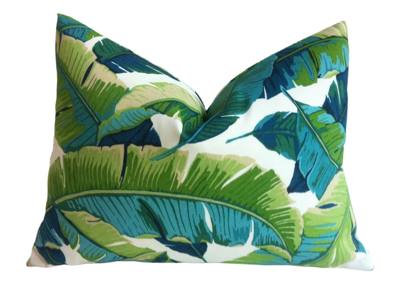 Pom Pom Pillow Cover / Tropical Teal Lime and Navy Palm Leaves Pillow Cover / Outdoor Pillow Lumbar / Aqua Turquoise Outdoor Pillow cover