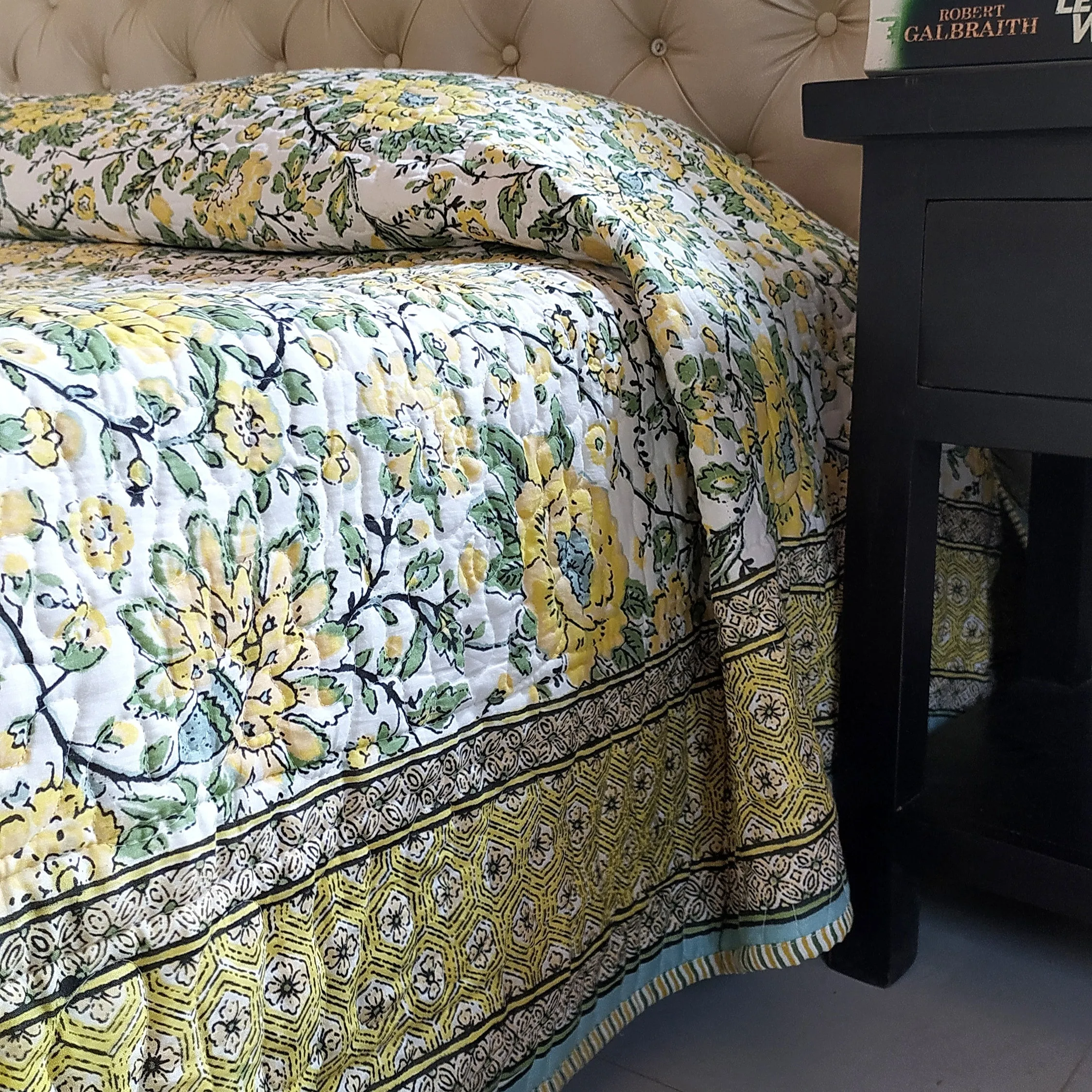 Reversible Cotton Jaipuri Quilt, Comforter,Bedspread, Block Printed With Pastel Green & Yellow Spring Floral Prints - L 260 cm x W 215 cm