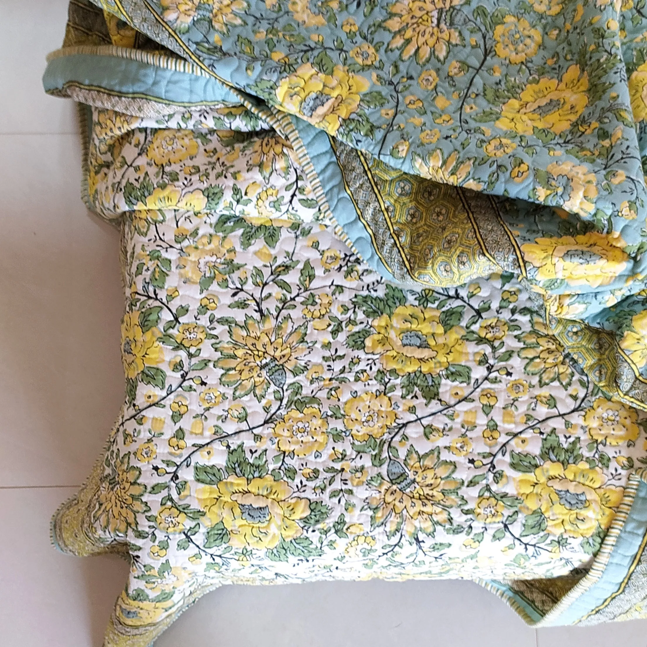 Reversible Cotton Jaipuri Quilt, Comforter,Bedspread, Block Printed With Pastel Green & Yellow Spring Floral Prints - L 260 cm x W 215 cm