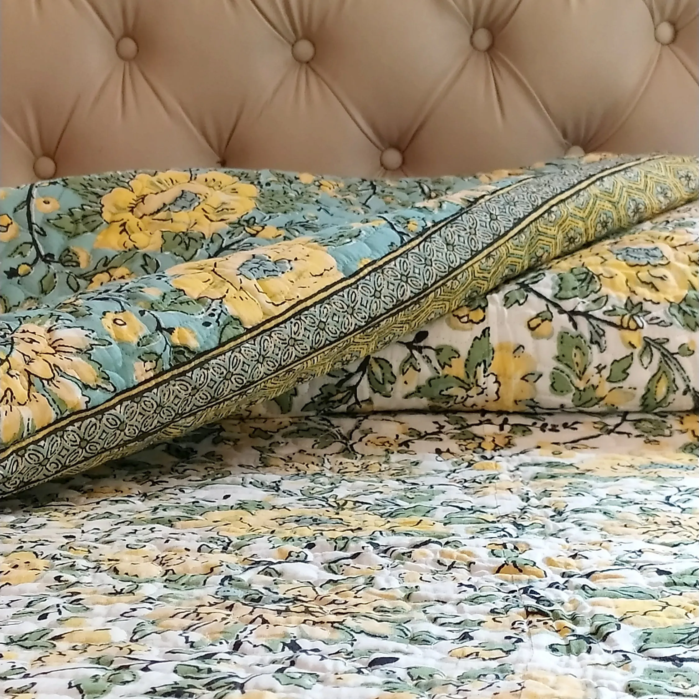 Reversible Cotton Jaipuri Quilt, Comforter,Bedspread, Block Printed With Pastel Green & Yellow Spring Floral Prints - L 260 cm x W 215 cm