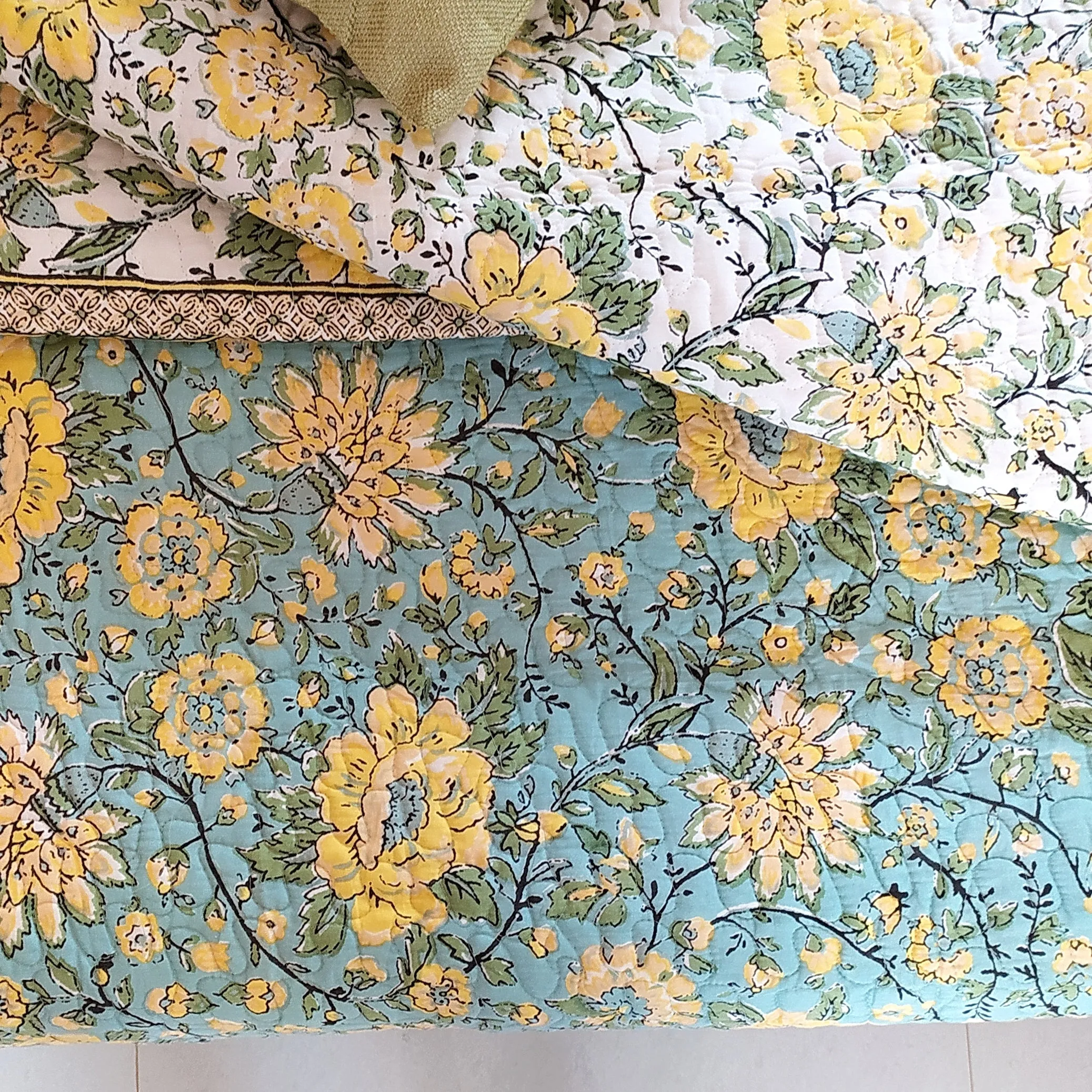 Reversible Cotton Jaipuri Quilt, Comforter,Bedspread, Block Printed With Pastel Green & Yellow Spring Floral Prints - L 260 cm x W 215 cm