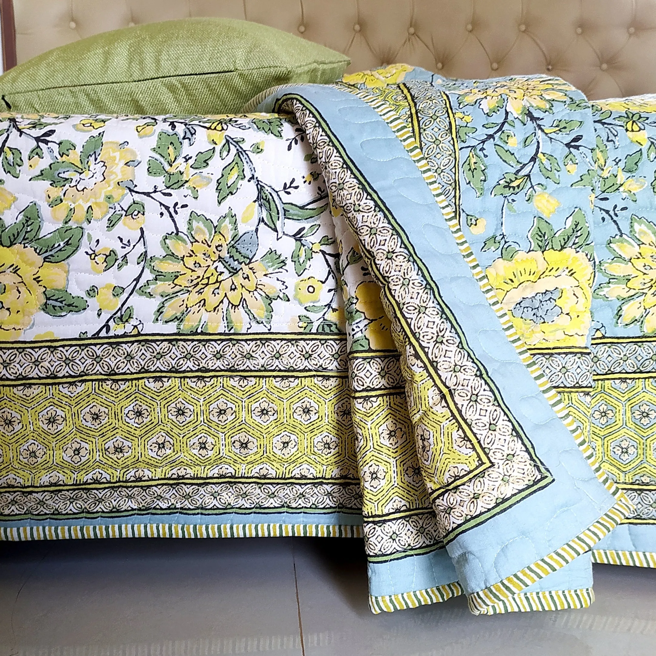 Reversible Cotton Jaipuri Quilt, Comforter,Bedspread, Block Printed With Pastel Green & Yellow Spring Floral Prints - L 260 cm x W 215 cm