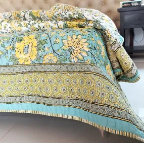 Reversible Cotton Jaipuri Quilt, Comforter,Bedspread, Block Printed With Pastel Green & Yellow Spring Floral Prints - L 260 cm x W 215 cm