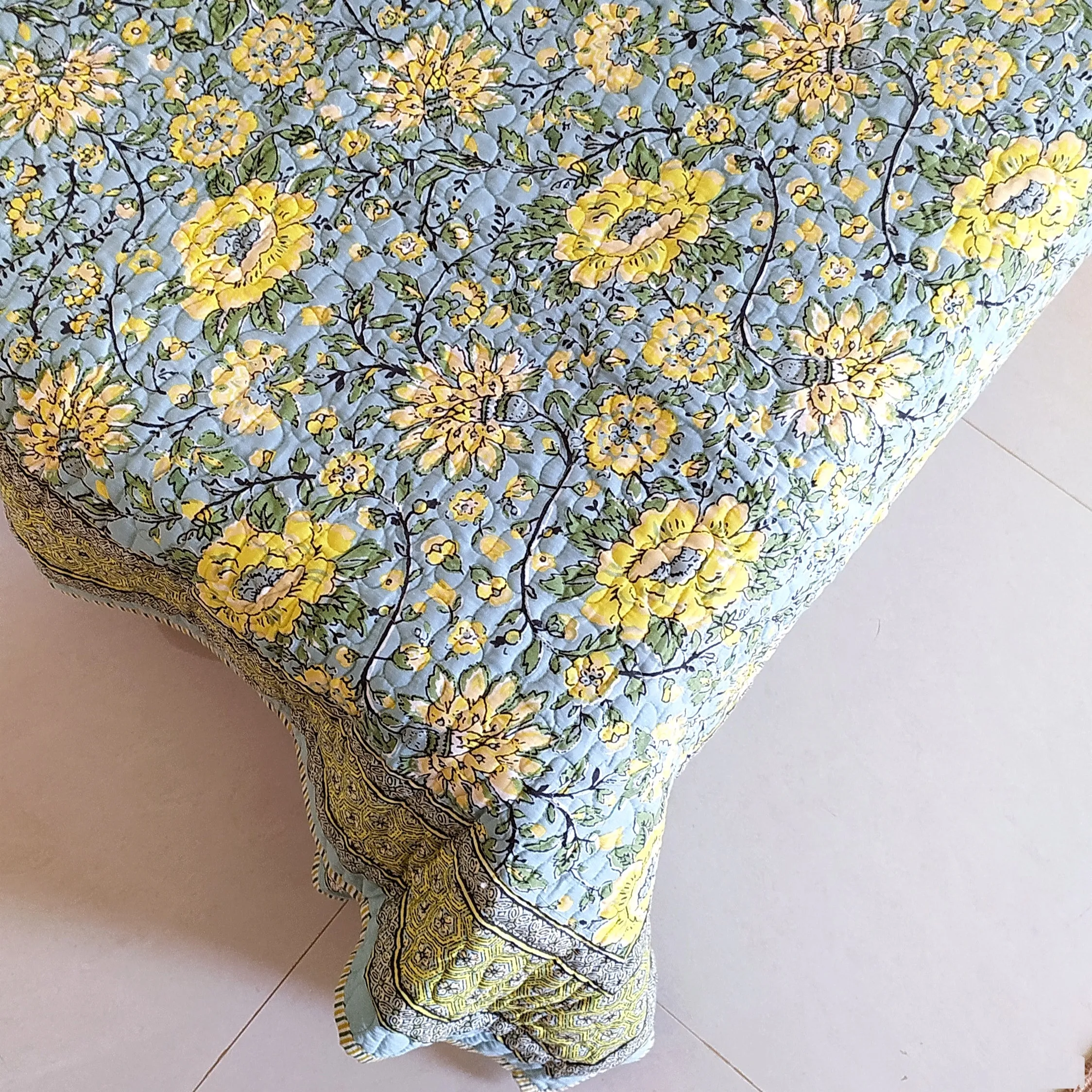 Reversible Cotton Jaipuri Quilt, Comforter,Bedspread, Block Printed With Pastel Green & Yellow Spring Floral Prints - L 260 cm x W 215 cm