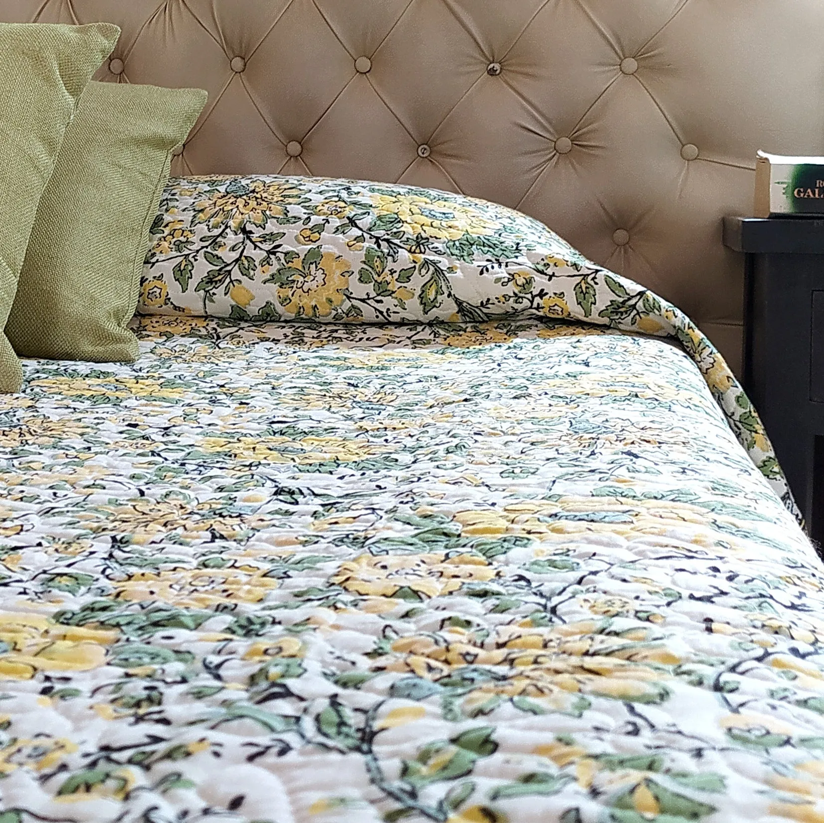 Reversible Cotton Jaipuri Quilt, Comforter,Bedspread, Block Printed With Pastel Green & Yellow Spring Floral Prints - L 260 cm x W 215 cm