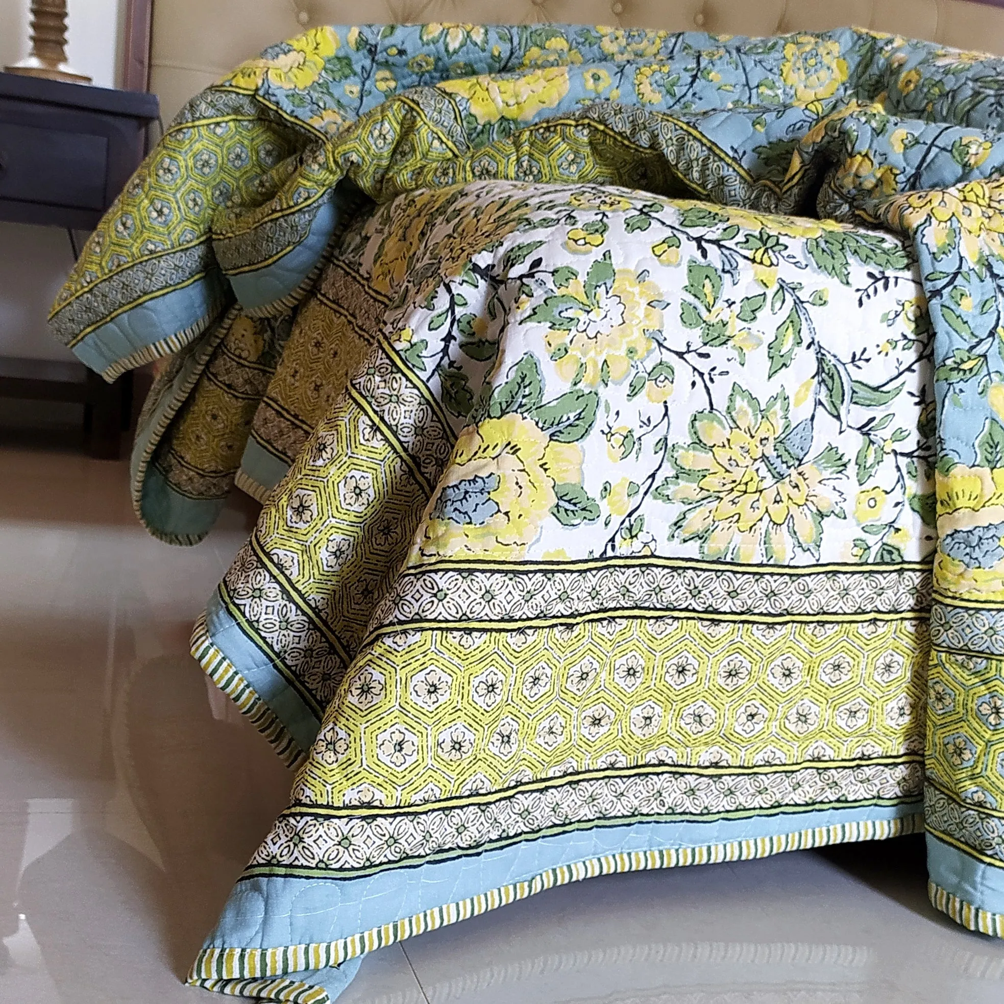 Reversible Cotton Jaipuri Quilt, Comforter,Bedspread, Block Printed With Pastel Green & Yellow Spring Floral Prints - L 260 cm x W 215 cm