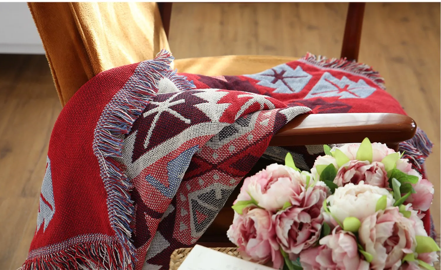 Reversible Woven Pattern Tassels Multi Purpose Sofa Cover Throw Blankets