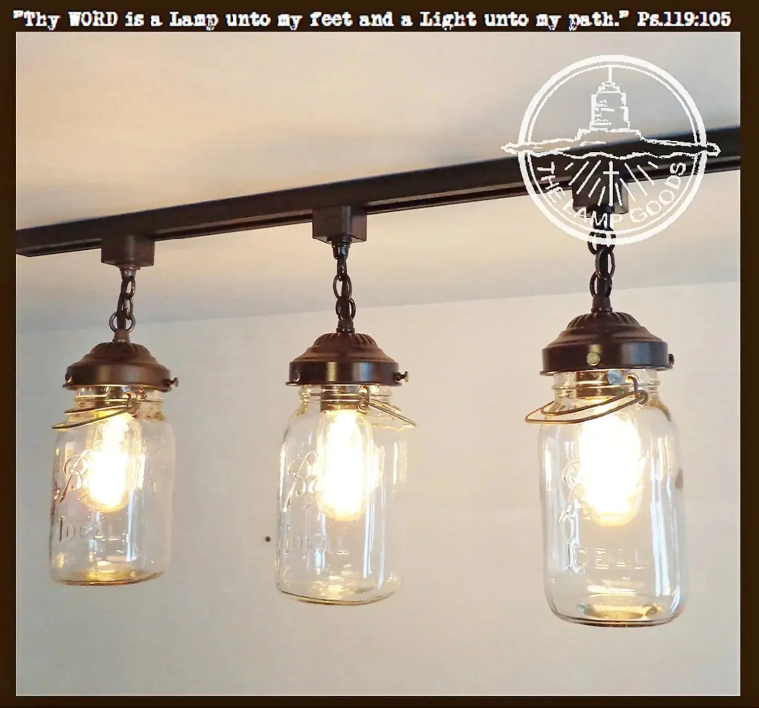 Rustic Mason Jar TRACK LIGHT Chain Trio of Vintage Quarts