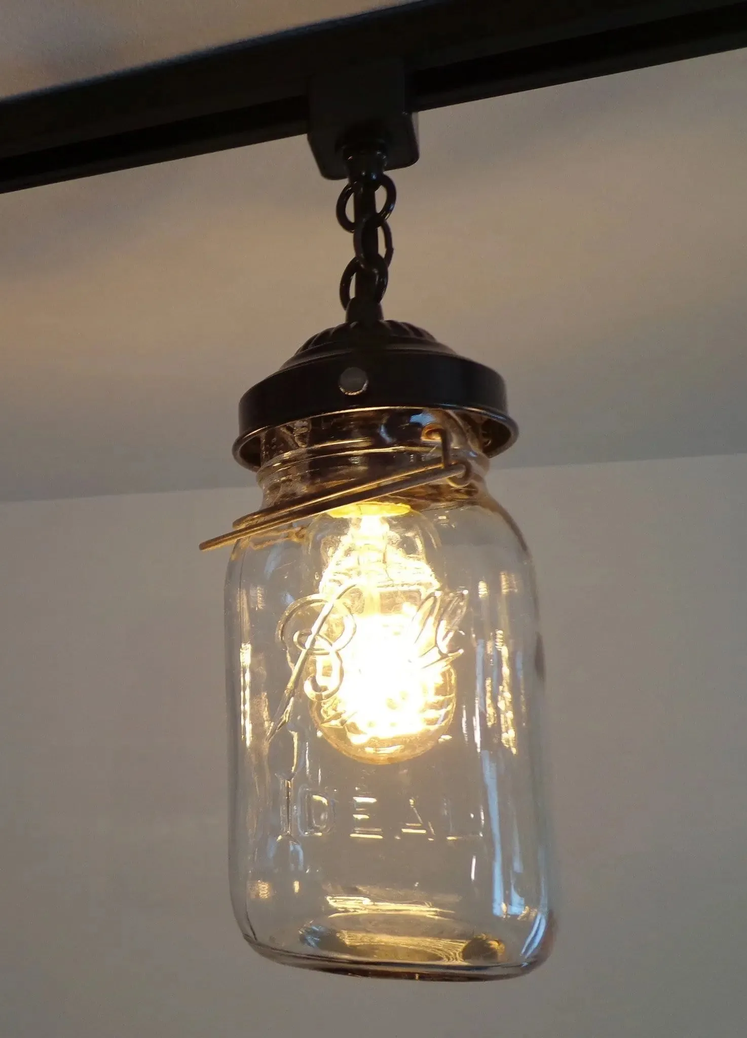 Rustic Mason Jar TRACK LIGHT Chain Trio of Vintage Quarts