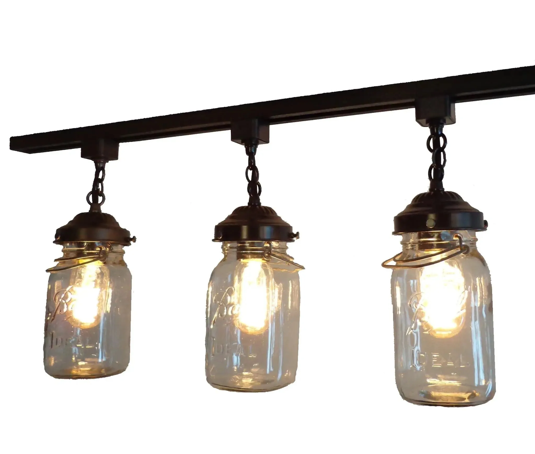 Rustic Mason Jar TRACK LIGHT Chain Trio of Vintage Quarts