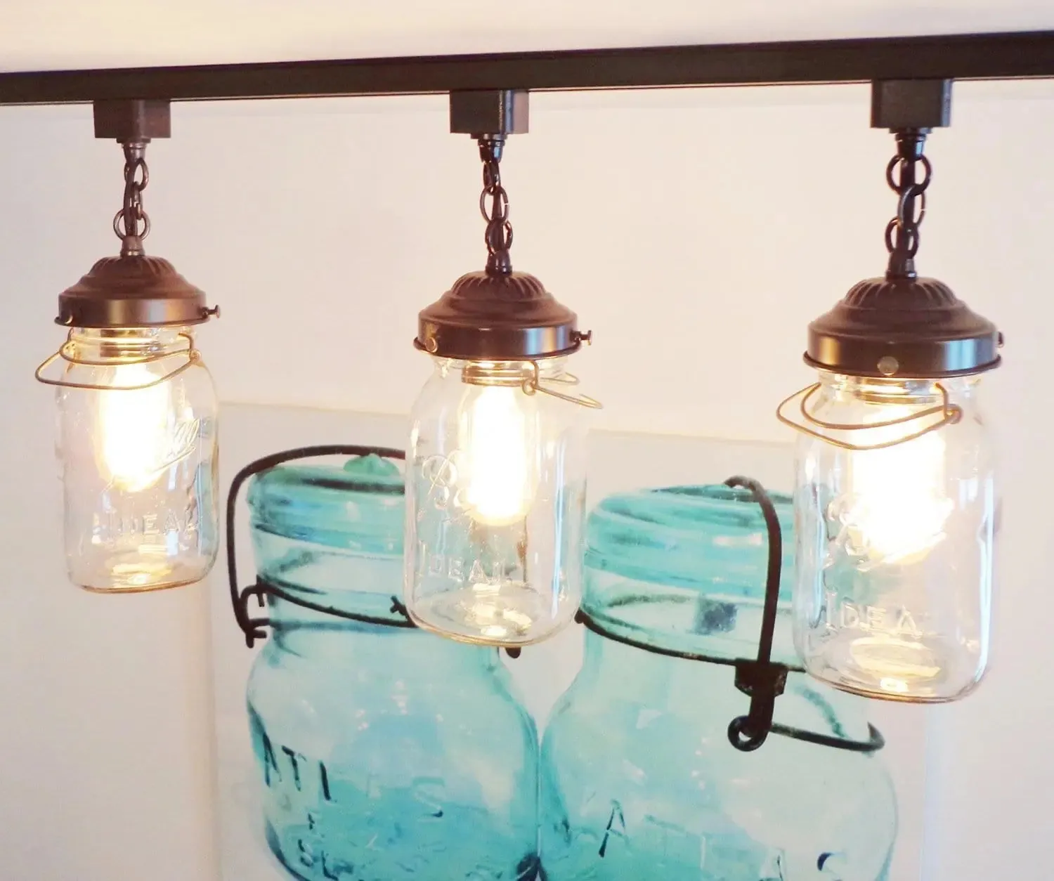 Rustic Mason Jar TRACK LIGHT Chain Trio of Vintage Quarts