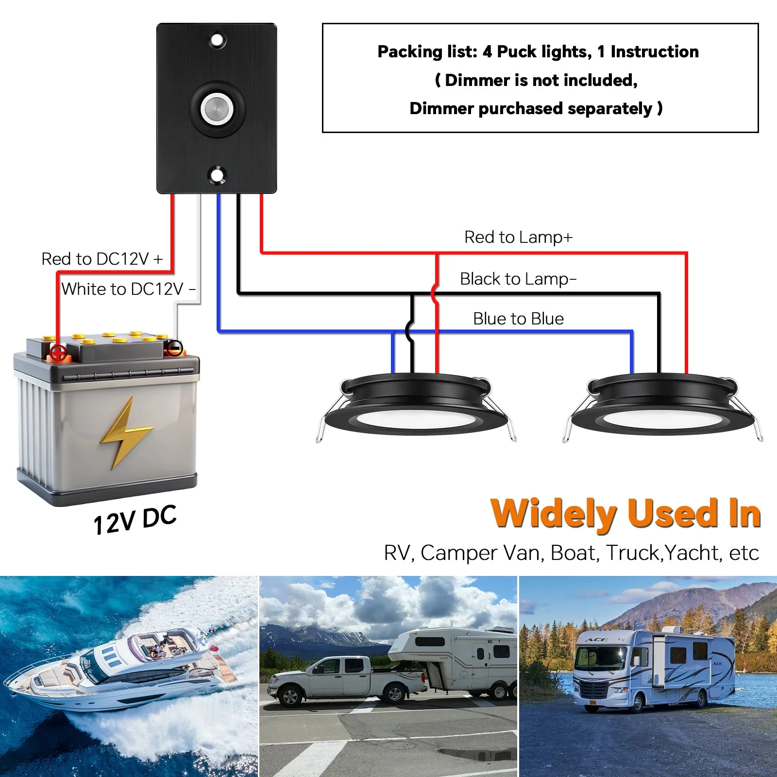 RV 3” Recessed Puck Light, 12V Bi-color for Boat Camper Van, 3W CRI90  Dual Color  (Note:Works with acegoo 12V dual-mode dimmer)