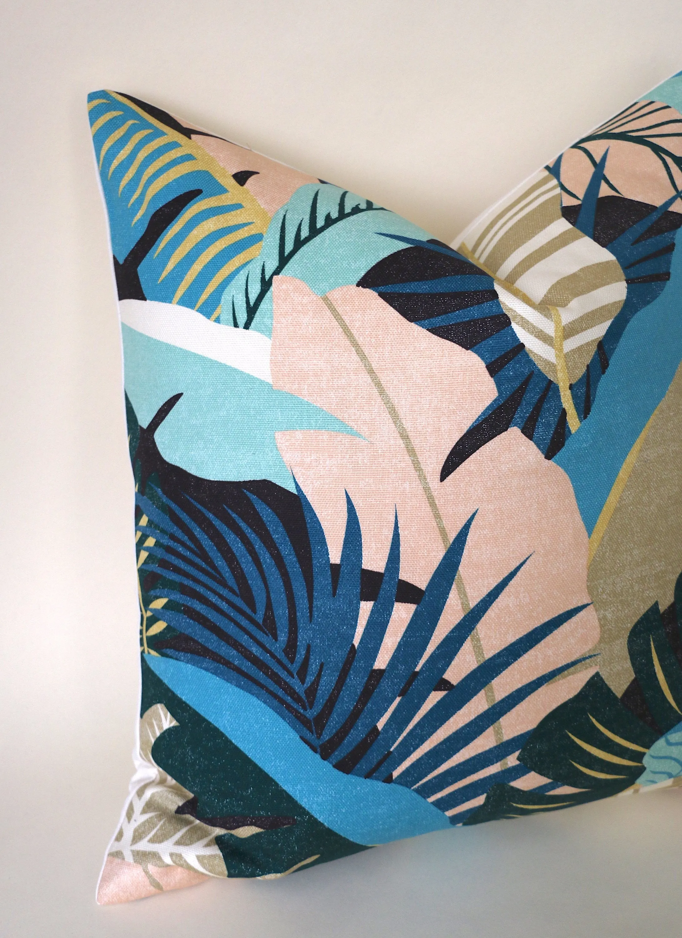 Sale: Retro 1980's Style Tropical Pillow Sham / Peach Turquoise Gold Cushion Cover 20x20 / Banana Leaf Canvas Pillow Case