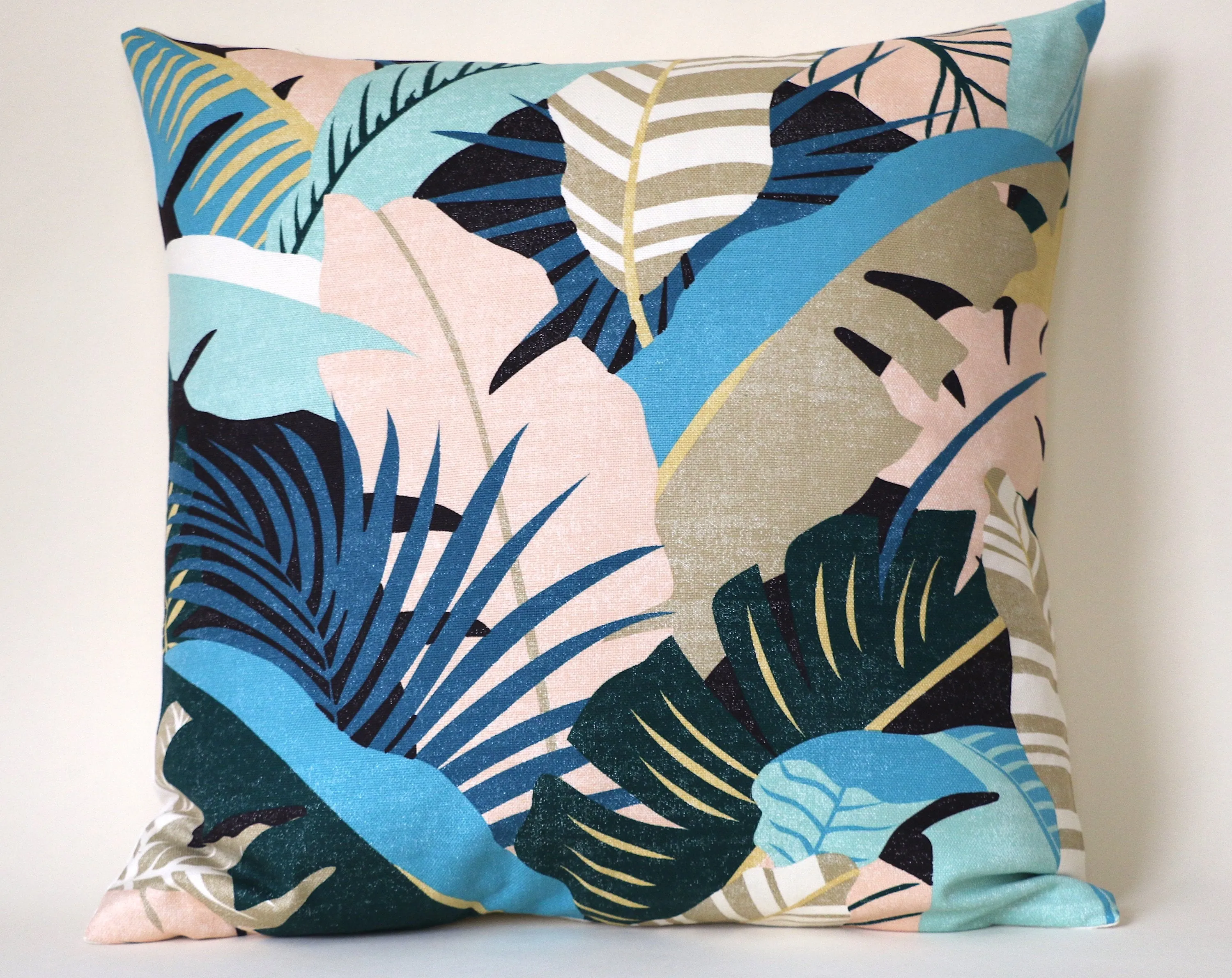 Sale: Retro 1980's Style Tropical Pillow Sham / Peach Turquoise Gold Cushion Cover 20x20 / Banana Leaf Canvas Pillow Case