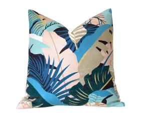 Sale: Retro 1980's Style Tropical Pillow Sham / Peach Turquoise Gold Cushion Cover 20x20 / Banana Leaf Canvas Pillow Case