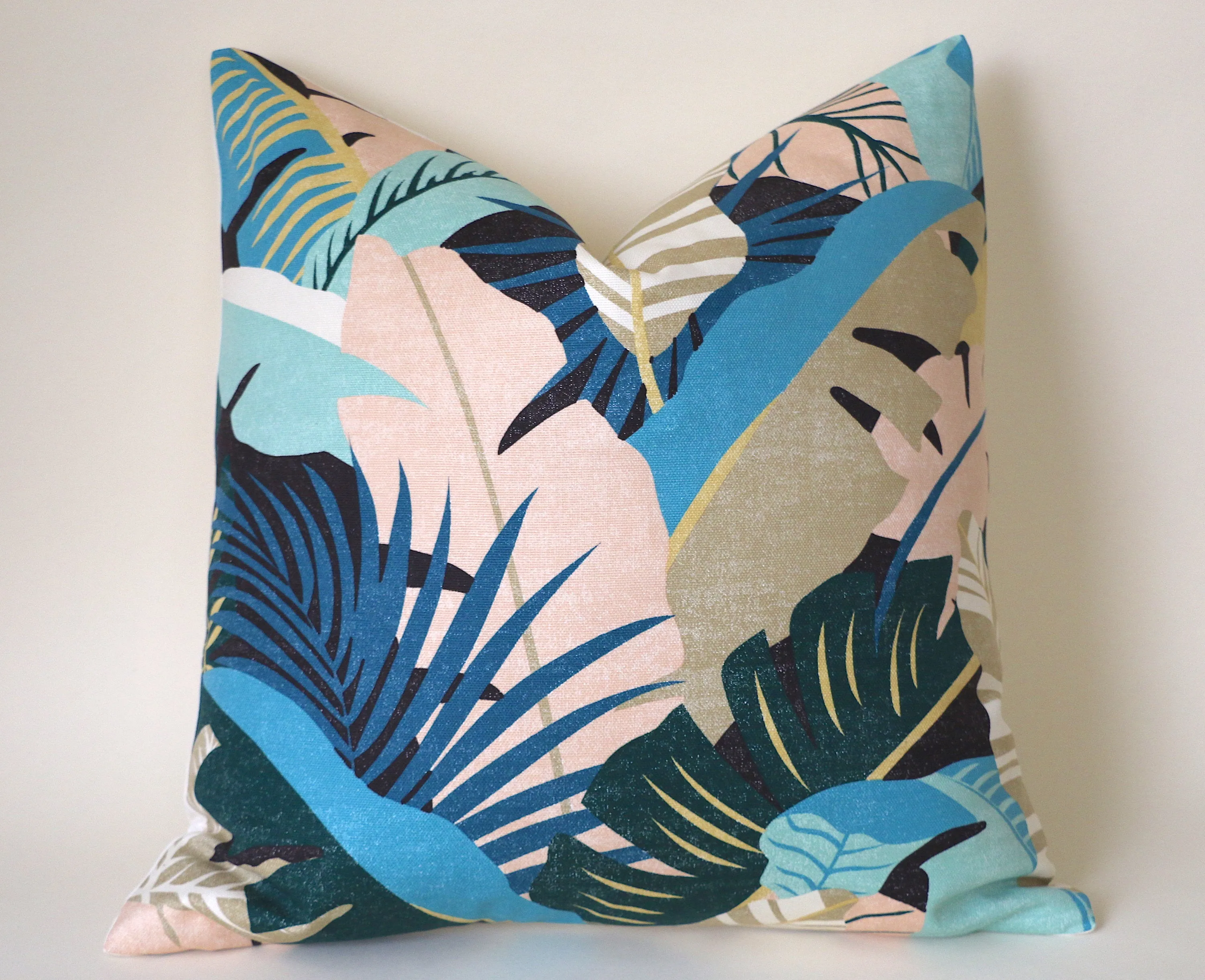 Sale: Retro 1980's Style Tropical Pillow Sham / Peach Turquoise Gold Cushion Cover 20x20 / Banana Leaf Canvas Pillow Case