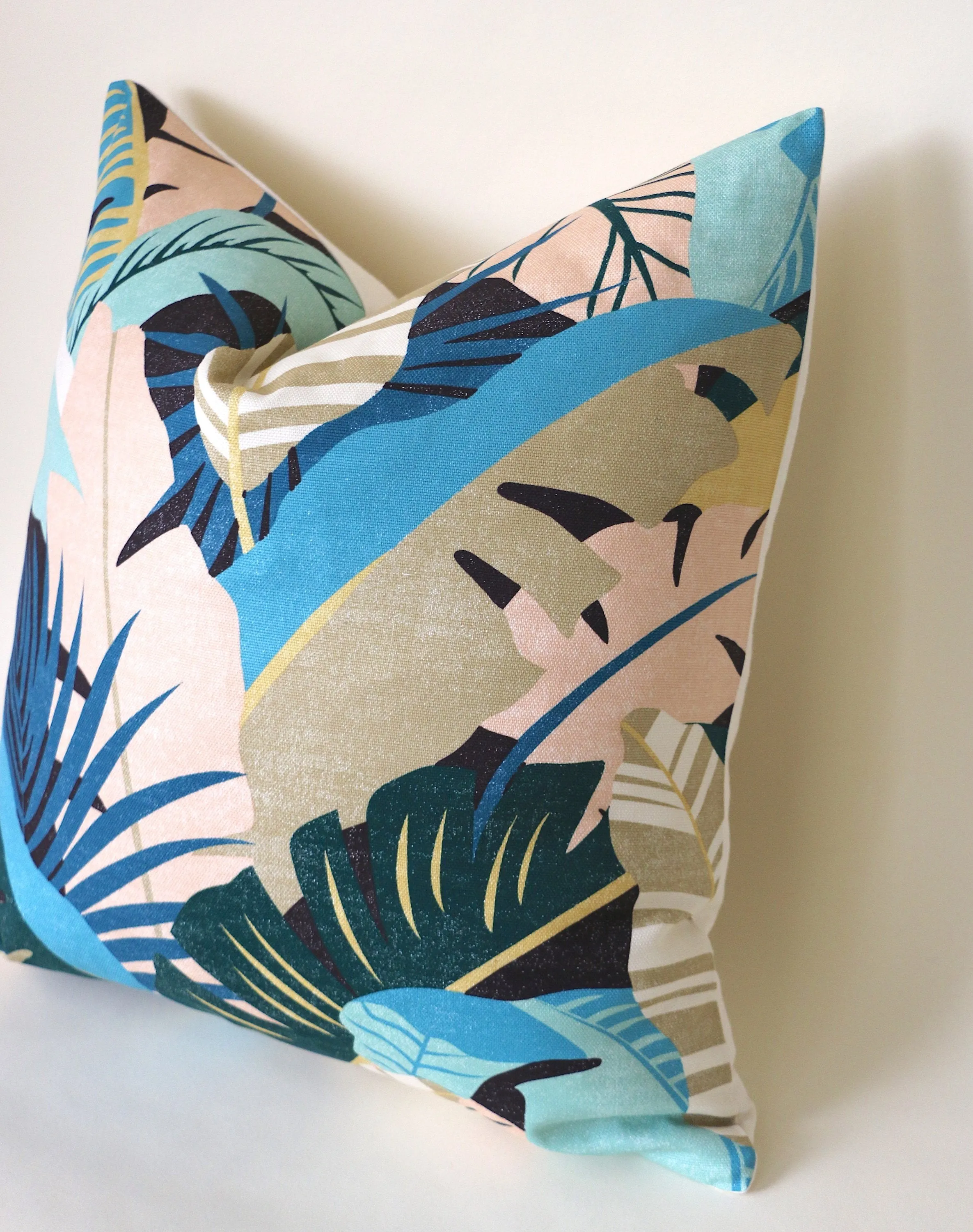 Sale: Retro 1980's Style Tropical Pillow Sham / Peach Turquoise Gold Cushion Cover 20x20 / Banana Leaf Canvas Pillow Case