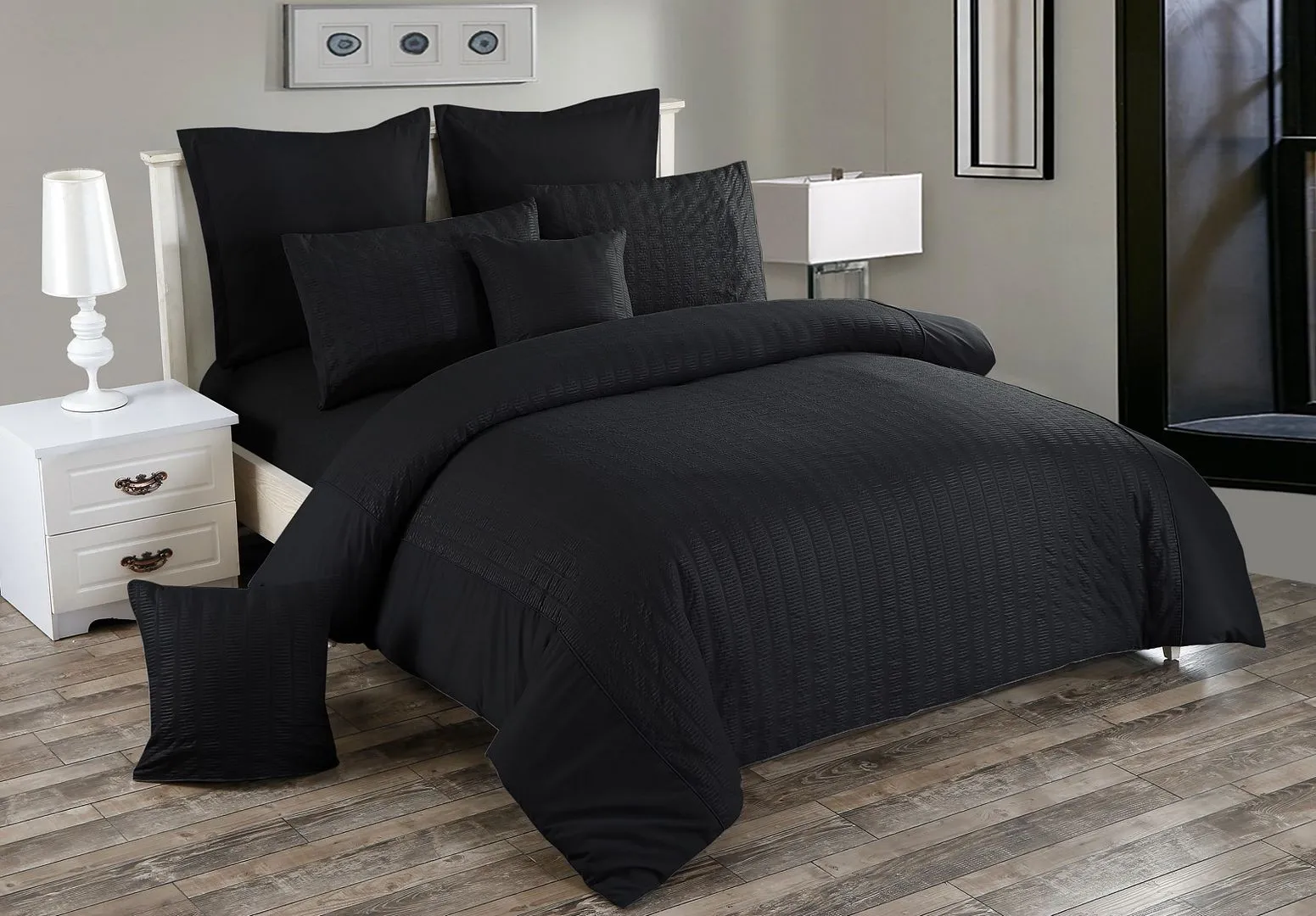 Seersucker Queen Size Black Duvet Quilt Cover Set