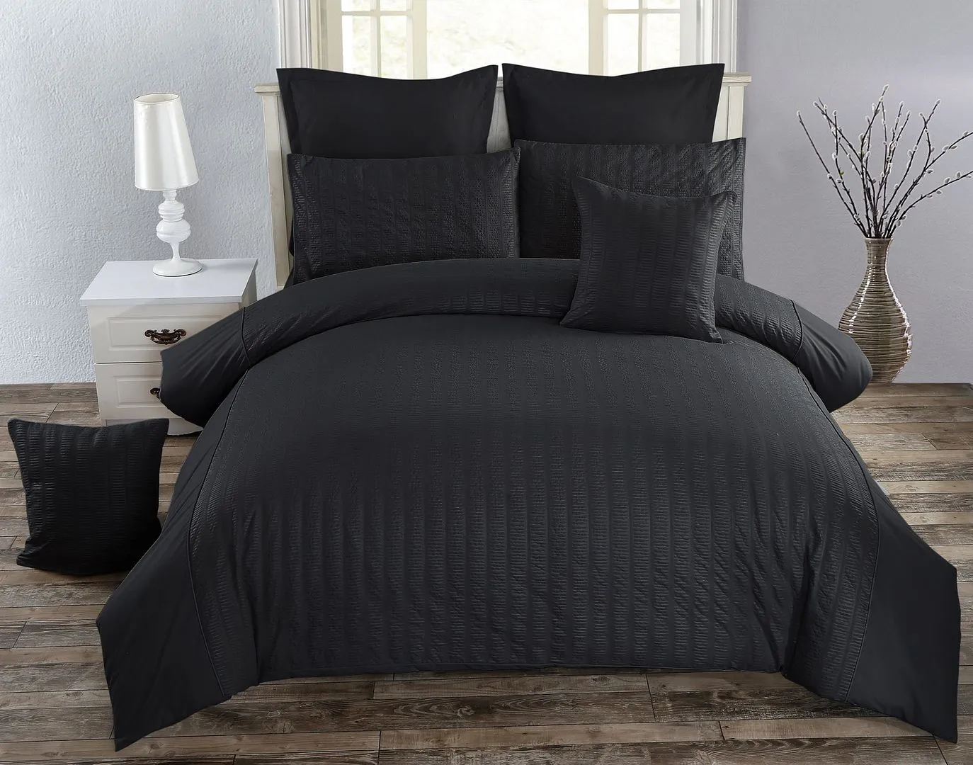 Seersucker Queen Size Black Duvet Quilt Cover Set