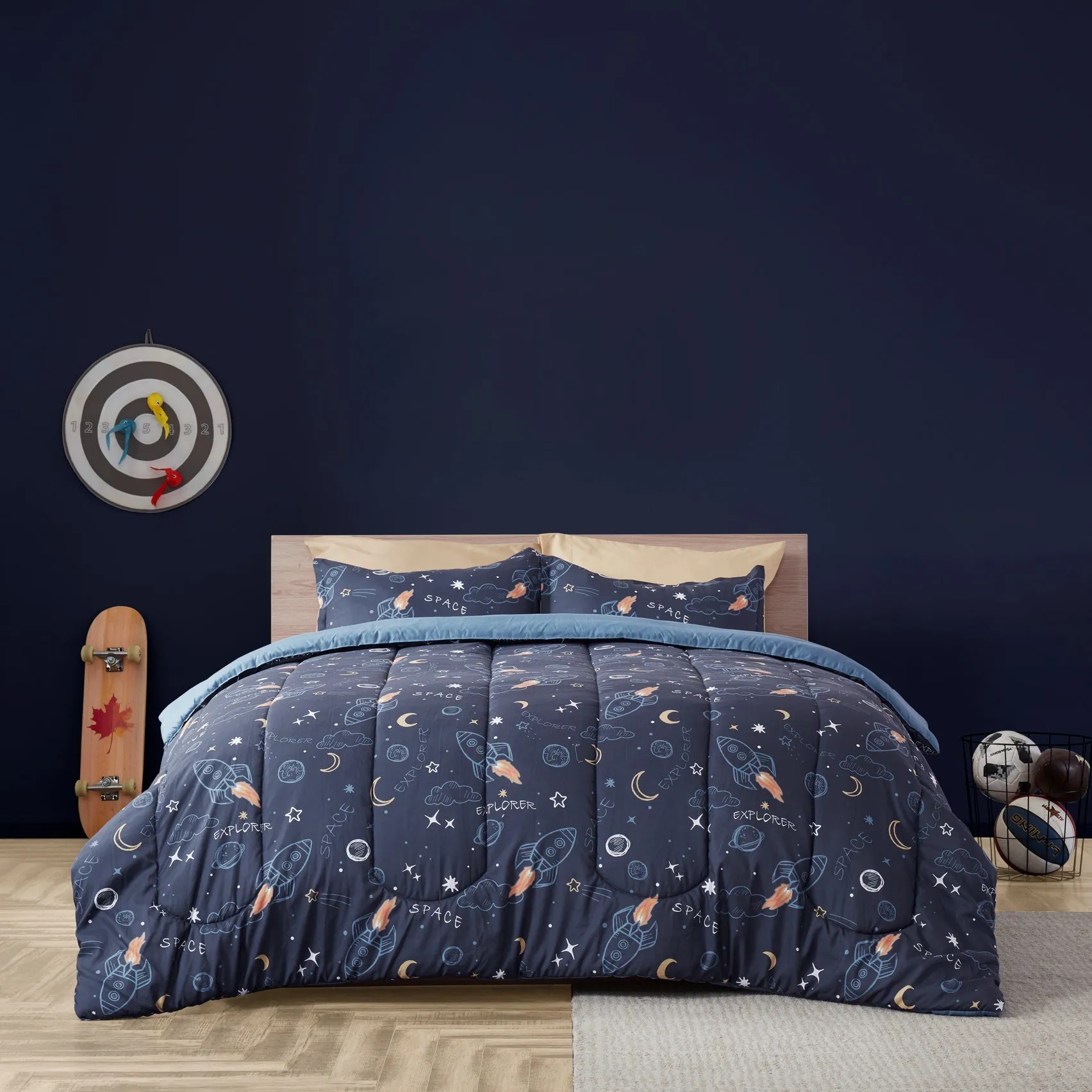 Space Adventure Printed Kids Bedding Set Navy Blue/Yellow