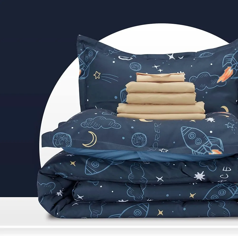 Space Adventure Printed Kids Bedding Set Navy Blue/Yellow