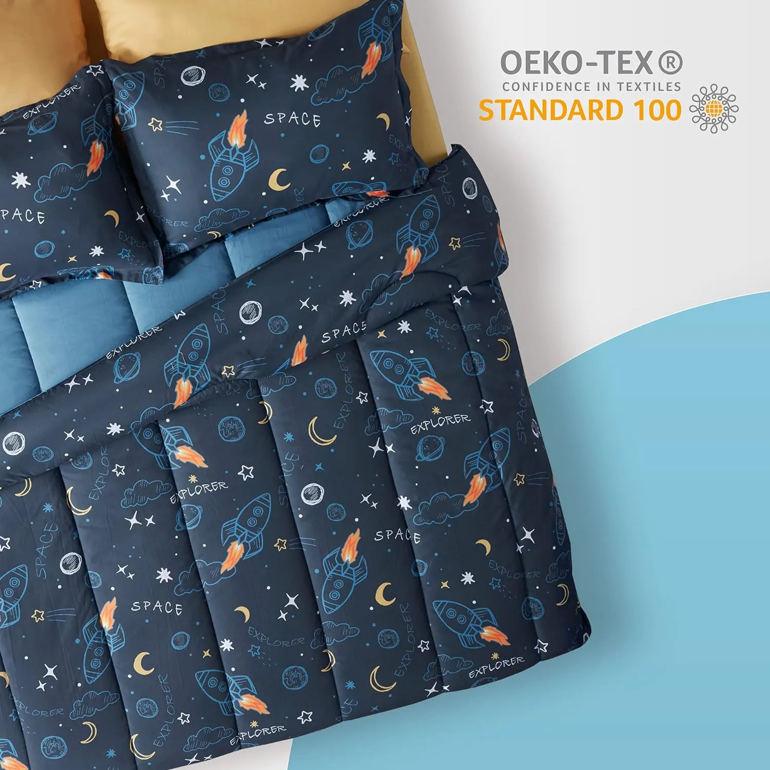 Space Adventure Printed Kids Bedding Set Navy Blue/Yellow