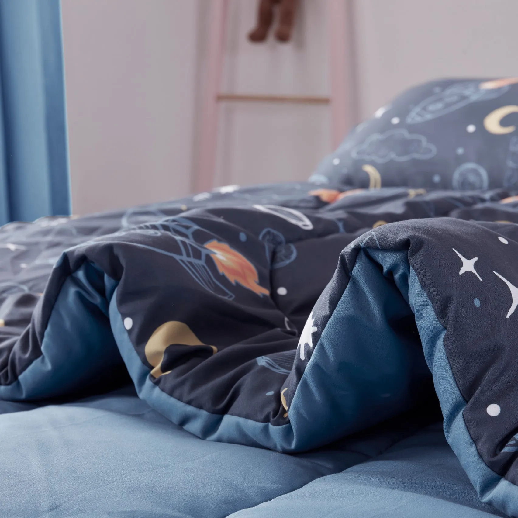 Space Adventure Printed Kids Bedding Set Navy Blue/Yellow