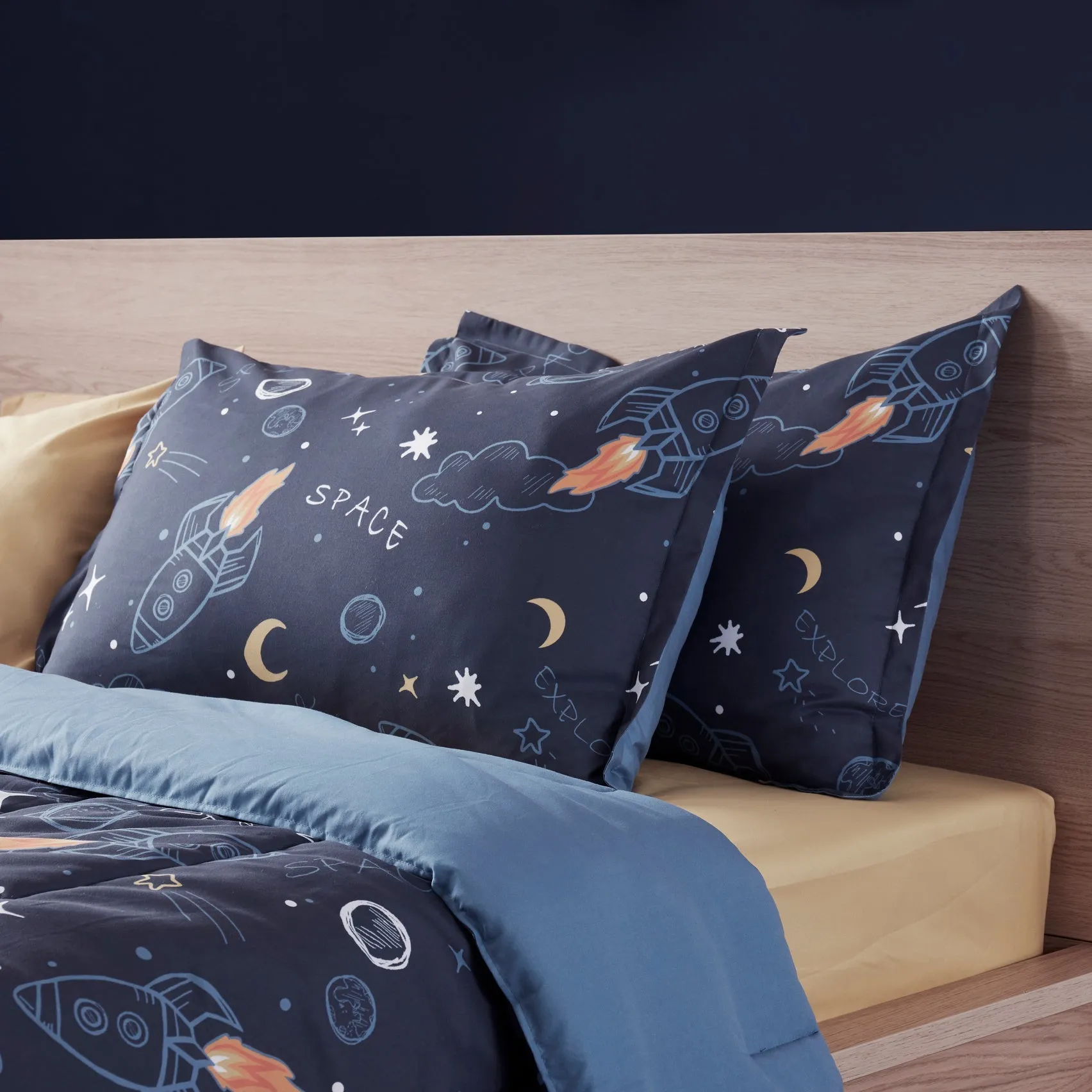 Space Adventure Printed Kids Bedding Set Navy Blue/Yellow