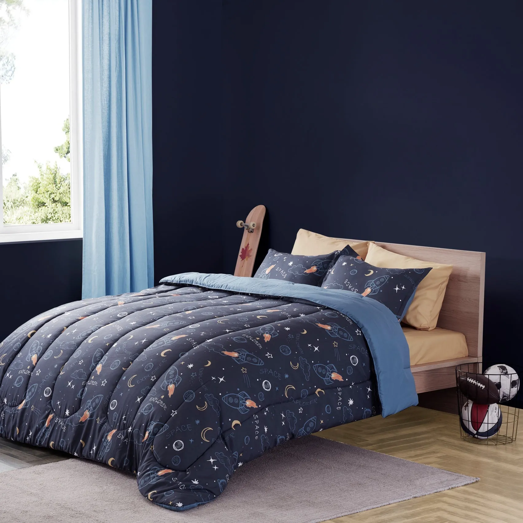 Space Adventure Printed Kids Bedding Set Navy Blue/Yellow