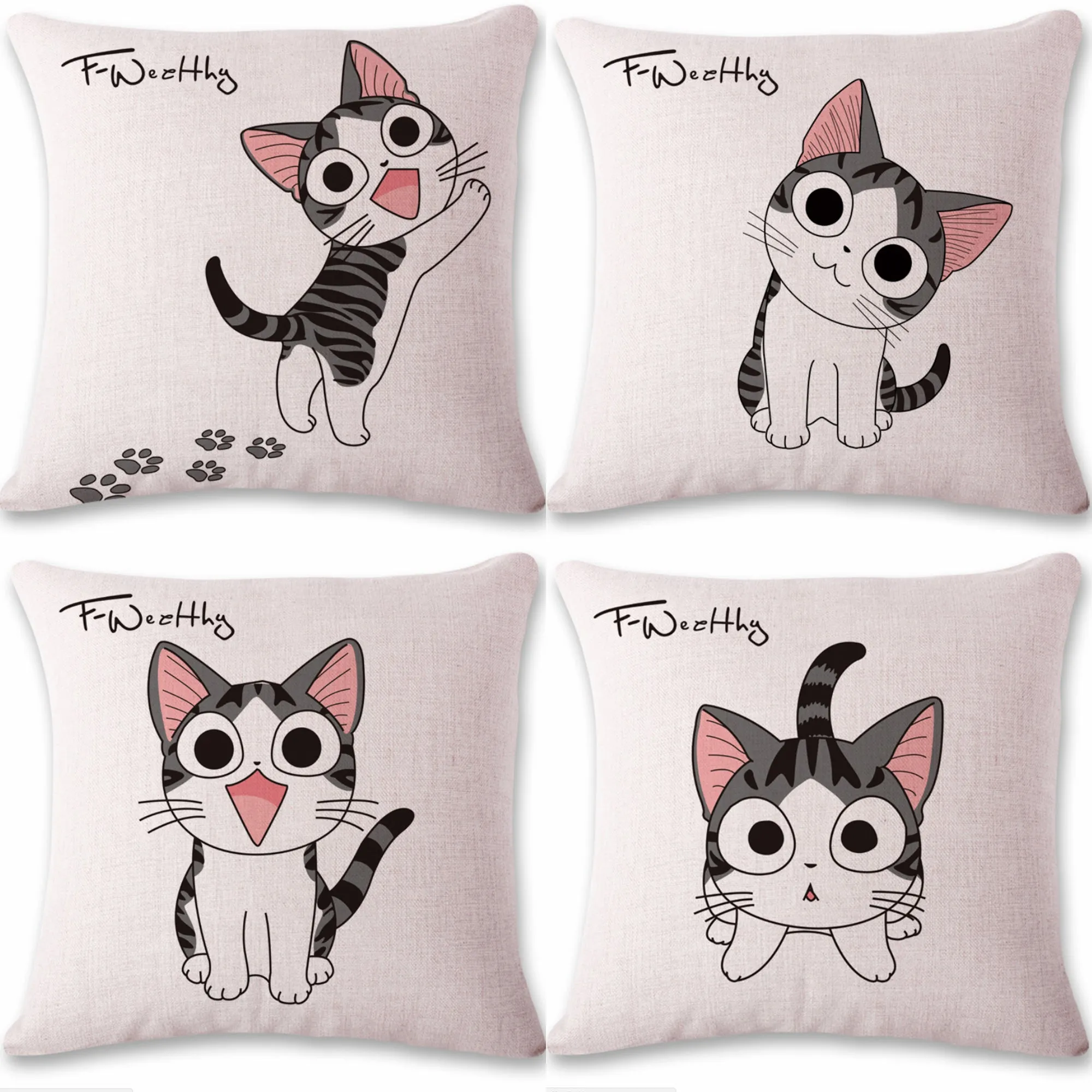 Square throw Pillow Covers with Anime Kitty Images pack of 4 (with or without inserts)