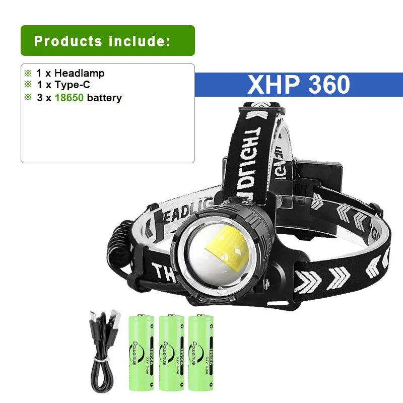 Super XHP360 Led Headlamp USB Rechargeable Head Flashlight Powerful High Power Headlight Camping Fishing Waterproof Head Lamp