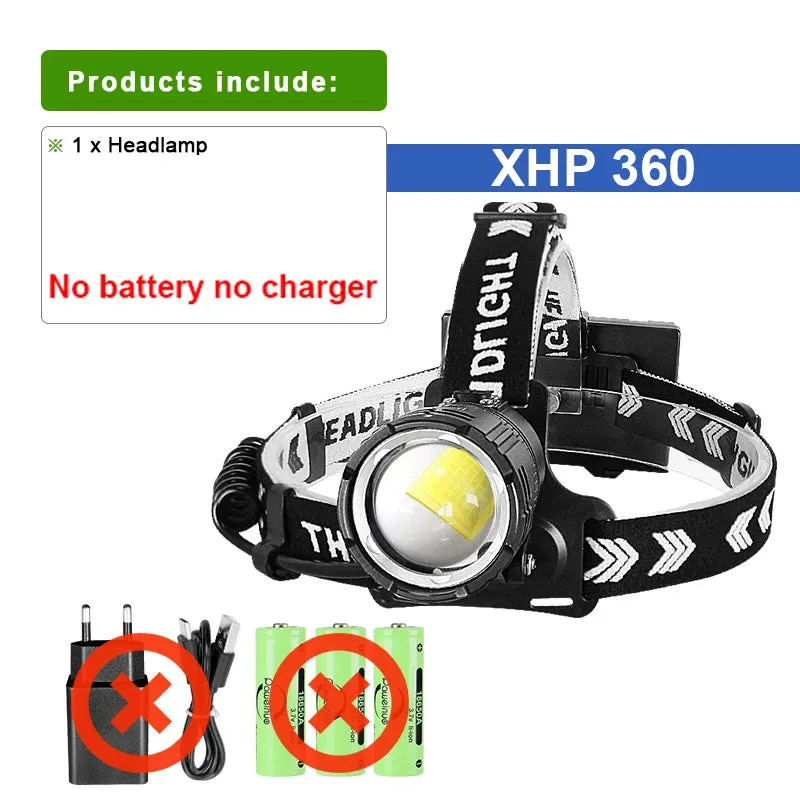 Super XHP360 Led Headlamp USB Rechargeable Head Flashlight Powerful High Power Headlight Camping Fishing Waterproof Head Lamp