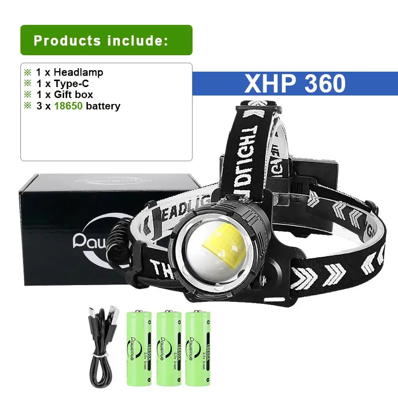 Super XHP360 Led Headlamp USB Rechargeable Head Flashlight Powerful High Power Headlight Camping Fishing Waterproof Head Lamp