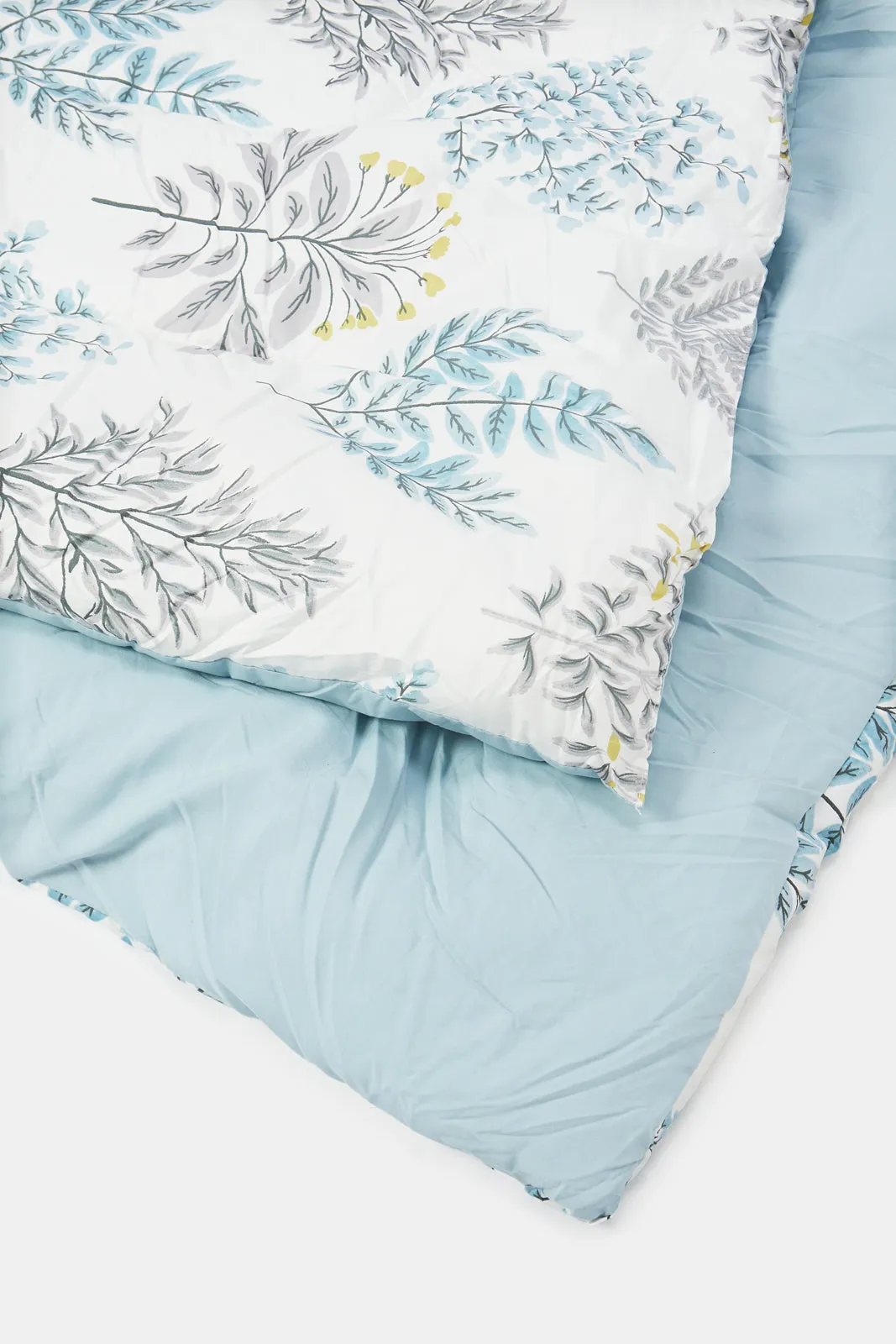 Teal 4 Piece Leaves Printed Comforter Set (Double Size)