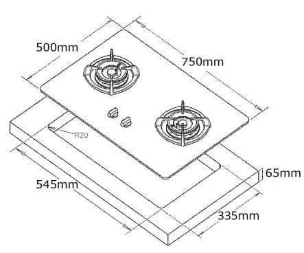 Tecno Uno T 28 TGSV Toughened Glass Hob (SCHOTT)  75cm, V.V.S, INFERNO*  2 Burners (2x Big)