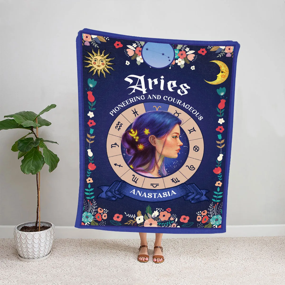 Teesdily | Aries Zodiac Sign Characteristics Customized Blanket Pioneering And Courageous Sherpa Fleece Horoscope Design Astrology Gift Birthday